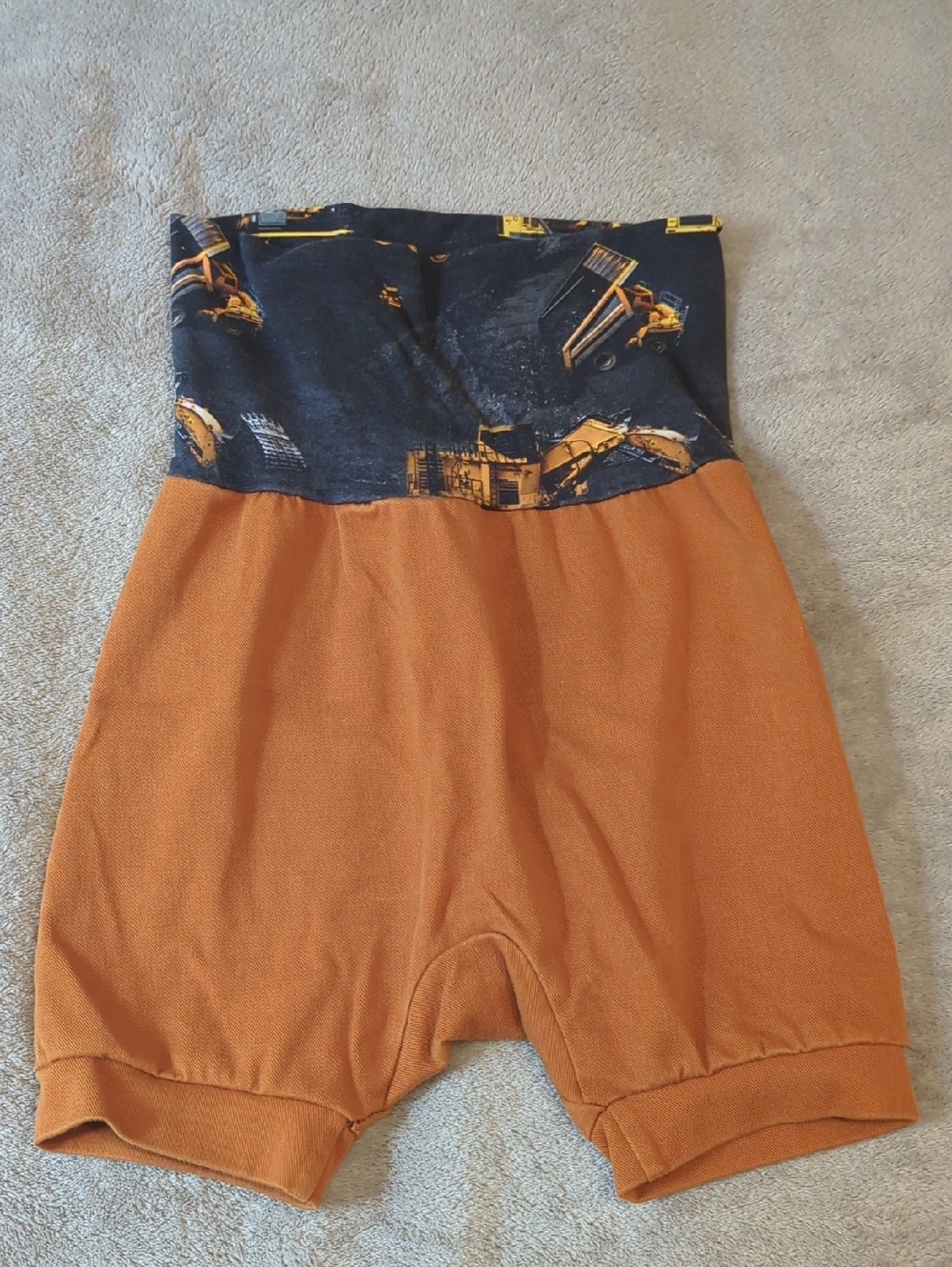 Grow-with-me Rust Orange Romper Shorts with Navy Construction Print Waistband
